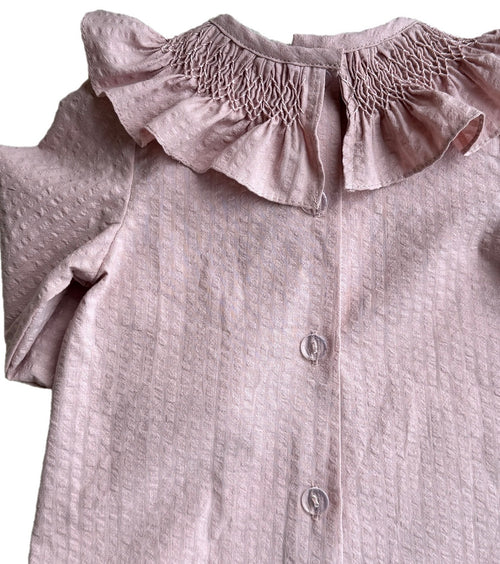 Blusa Rosa cuello bordado Nido de Abeja manga larga